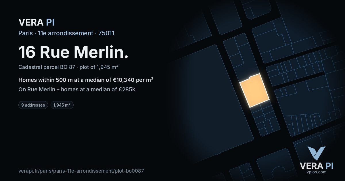 16 Rue Merlin, 11e arrondissement at night – the plot lit, the parcels around coloured by the prices near them