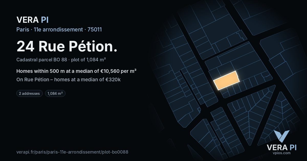 24 Rue Pétion, 11e arrondissement at night – the plot lit, the parcels around coloured by the prices near them