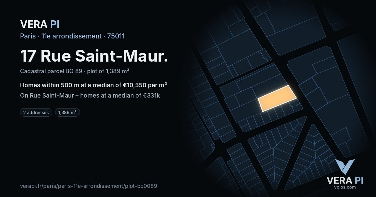 17 Rue Saint-Maur, 11e arrondissement at night – the plot lit, the parcels around coloured by the prices near them
