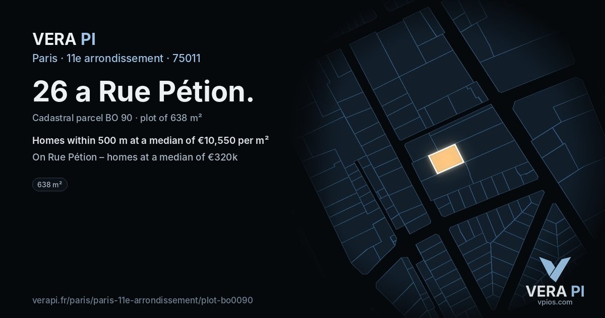 26 a Rue Pétion, 11e arrondissement at night – the plot lit, the parcels around coloured by the prices near them