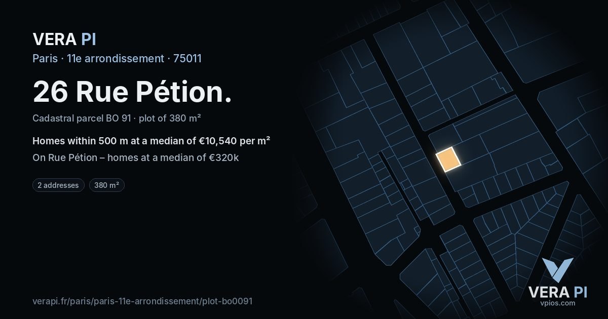 26 Rue Pétion, 11e arrondissement at night – the plot lit, the parcels around coloured by the prices near them