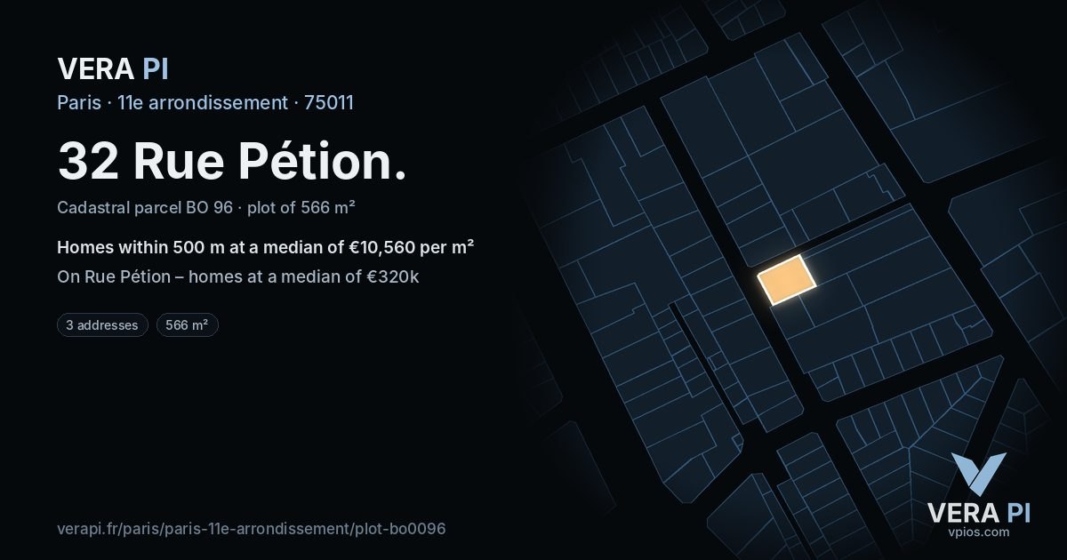 32 Rue Pétion, 11e arrondissement at night – the plot lit, the parcels around coloured by the prices near them