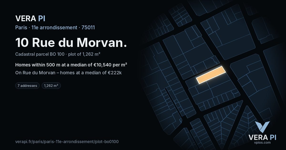 10 Rue du Morvan, 11e arrondissement at night – the plot lit, the parcels around coloured by the prices near them