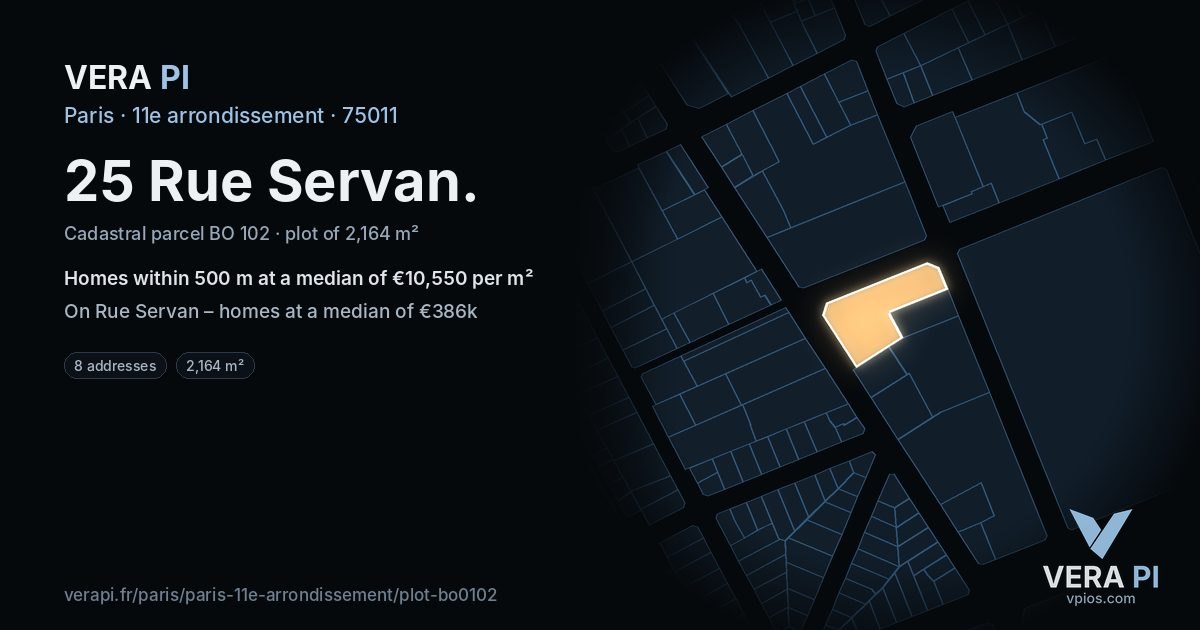 25 Rue Servan, 11e arrondissement at night – the plot lit, the parcels around coloured by the prices near them