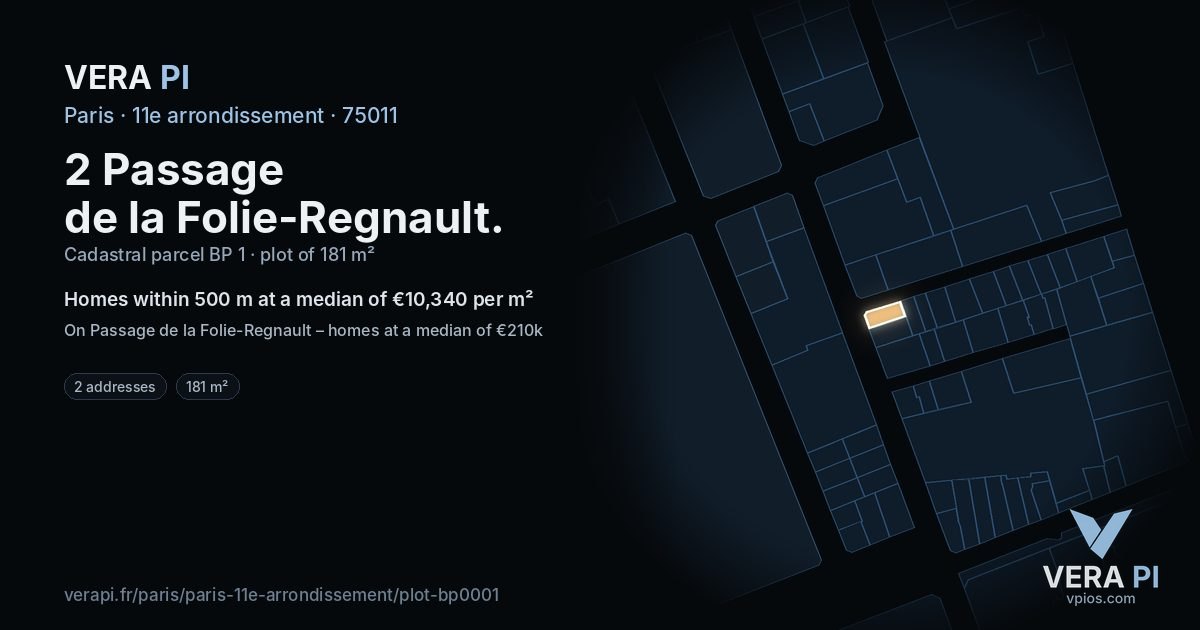 2 Passage de la Folie-Regnault, 11e arrondissement at night – the plot lit, the parcels around coloured by the prices near them