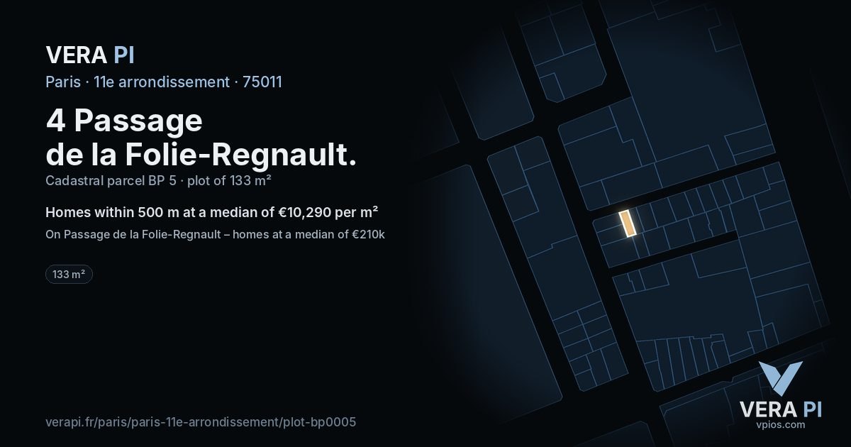 4 Passage de la Folie-Regnault, 11e arrondissement at night – the plot lit, the parcels around coloured by the prices near them