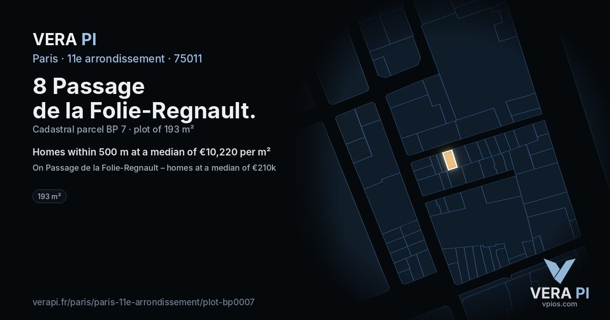 8 Passage de la Folie-Regnault, 11e arrondissement at night – the plot lit, the parcels around coloured by the prices near them