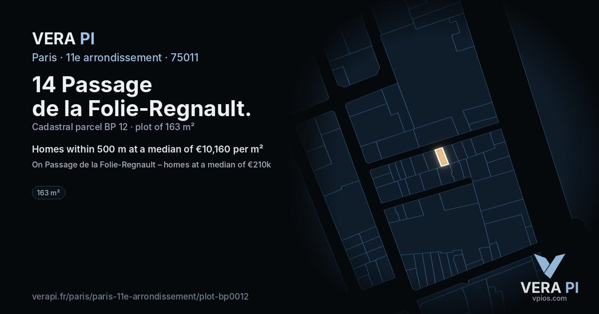 14 Passage de la Folie-Regnault, 11e arrondissement at night – the plot lit, the parcels around coloured by the prices near them