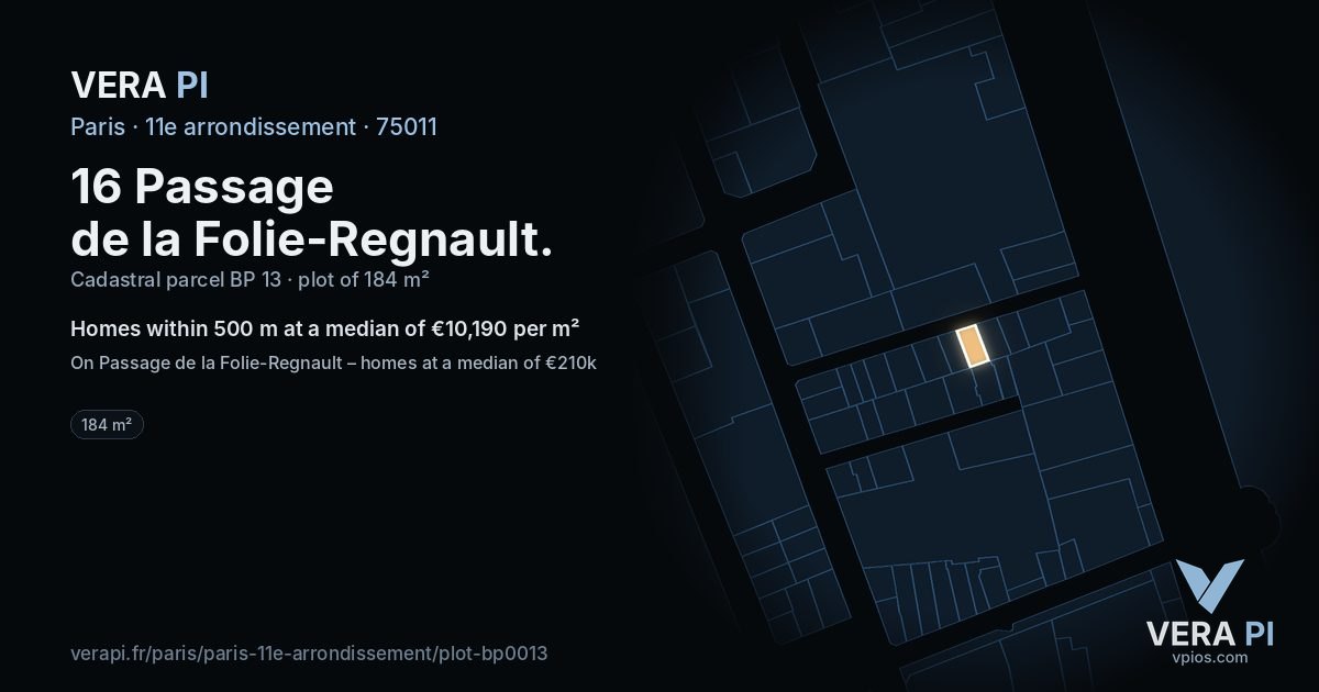 16 Passage de la Folie-Regnault, 11e arrondissement at night – the plot lit, the parcels around coloured by the prices near them