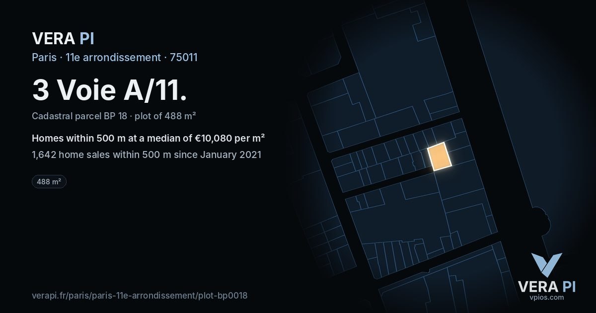 3 Voie A/11, 11e arrondissement at night – the plot lit, the parcels around coloured by the prices near them
