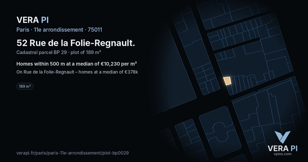 52 Rue de la Folie-Regnault, 11e arrondissement at night – the plot lit, the parcels around coloured by the prices near them