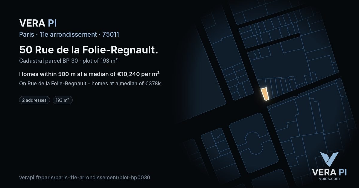 50 Rue de la Folie-Regnault, 11e arrondissement at night – the plot lit, the parcels around coloured by the prices near them