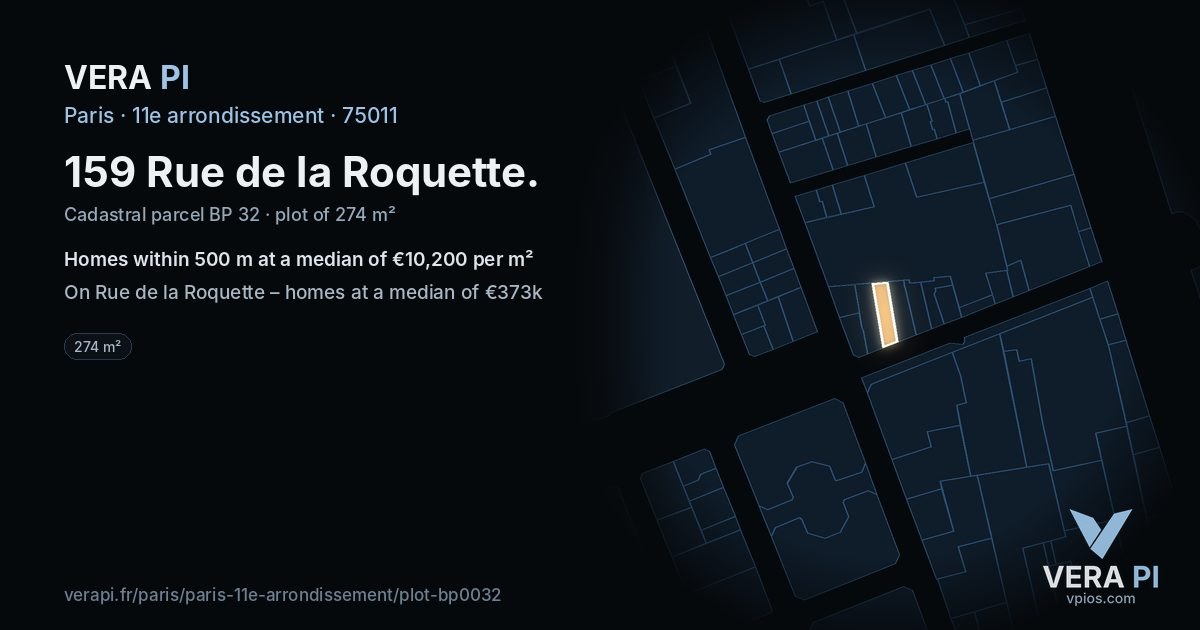 159 Rue de la Roquette, 11e arrondissement at night – the plot lit, the parcels around coloured by the prices near them