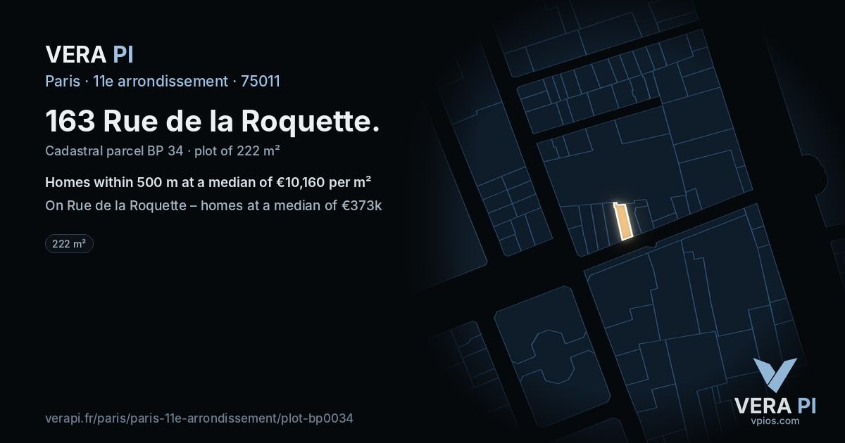163 Rue de la Roquette, 11e arrondissement at night – the plot lit, the parcels around coloured by the prices near them