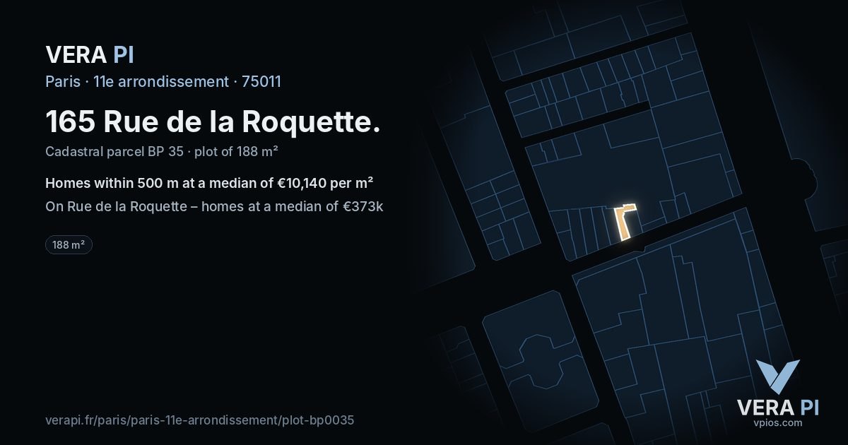 165 Rue de la Roquette, 11e arrondissement at night – the plot lit, the parcels around coloured by the prices near them