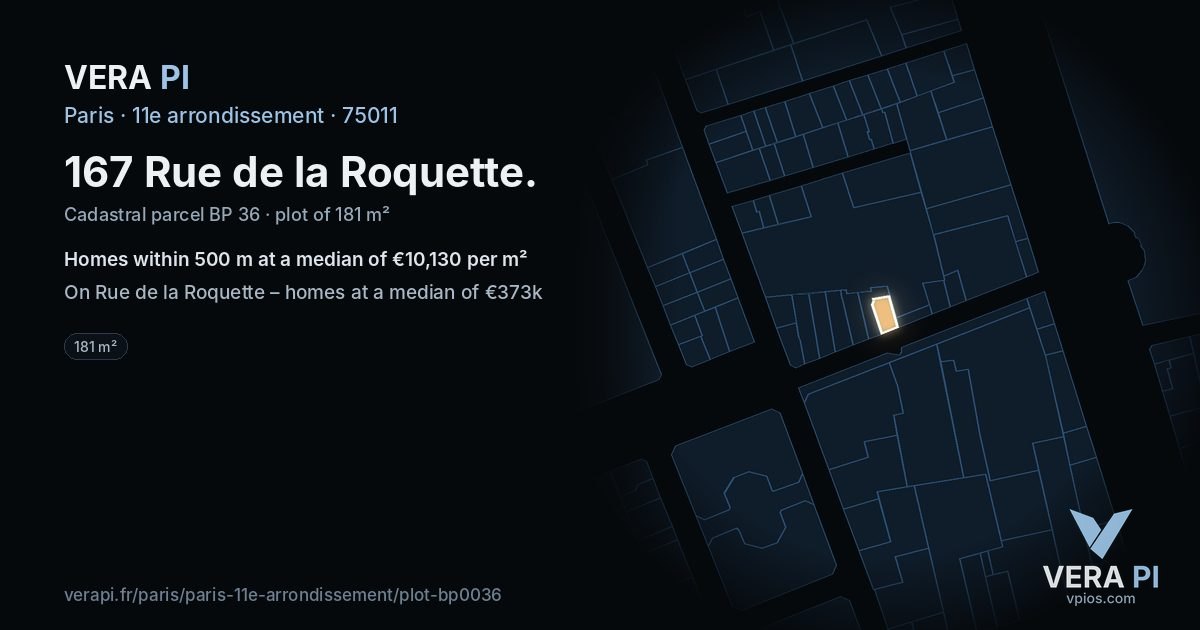 167 Rue de la Roquette, 11e arrondissement at night – the plot lit, the parcels around coloured by the prices near them