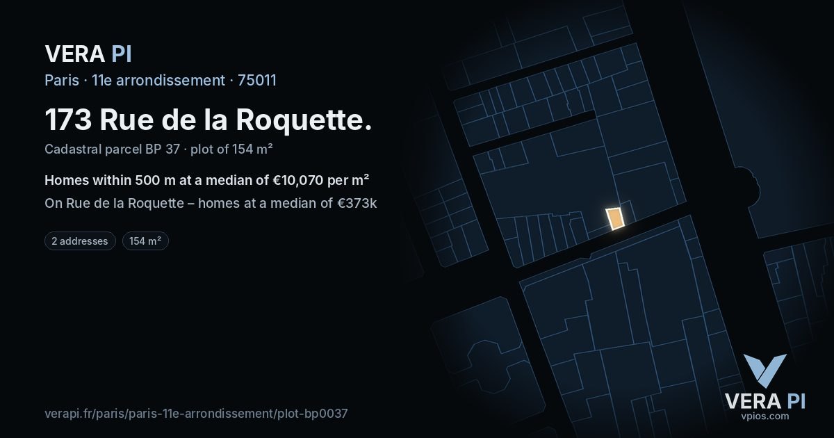 173 Rue de la Roquette, 11e arrondissement at night – the plot lit, the parcels around coloured by the prices near them