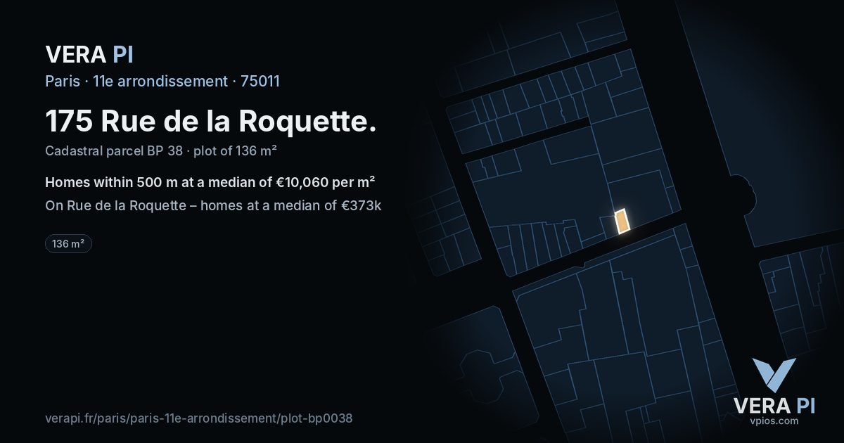 175 Rue de la Roquette, 11e arrondissement at night – the plot lit, the parcels around coloured by the prices near them
