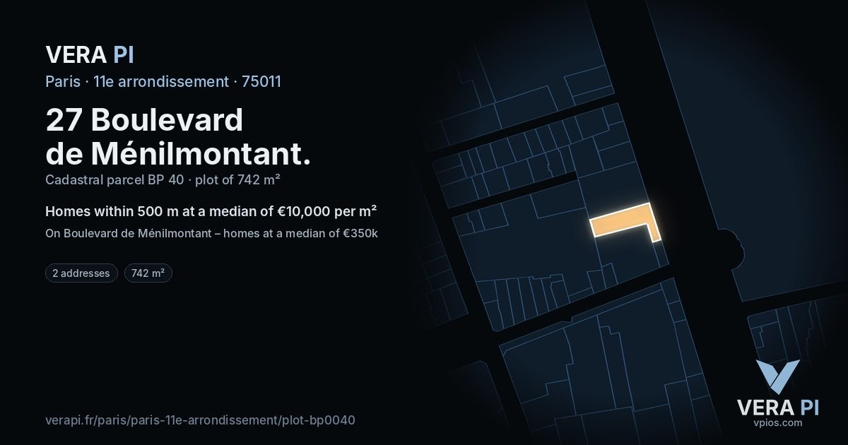 27 Boulevard de Ménilmontant, 11e arrondissement at night – the plot lit, the parcels around coloured by the prices near them
