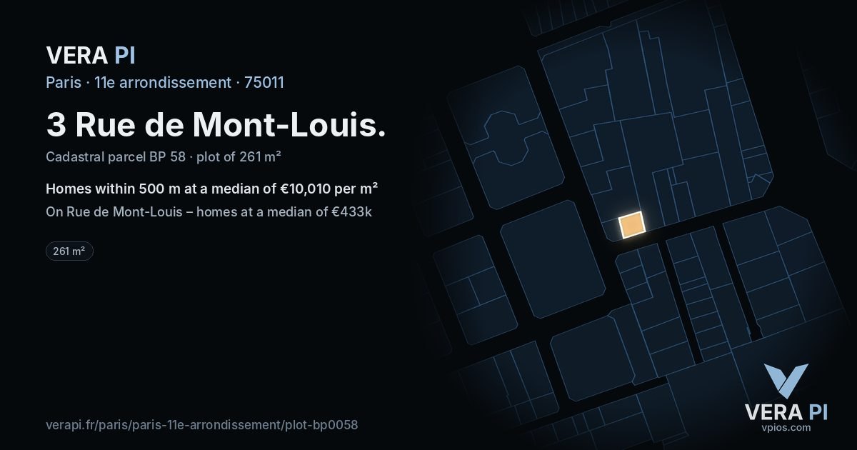 3 Rue de Mont-Louis, 11e arrondissement at night – the plot lit, the parcels around coloured by the prices near them
