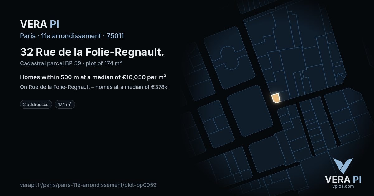 32 Rue de la Folie-Regnault, 11e arrondissement at night – the plot lit, the parcels around coloured by the prices near them