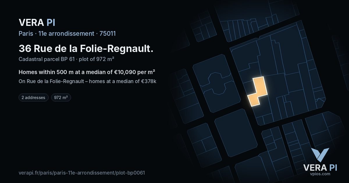36 Rue de la Folie-Regnault, 11e arrondissement at night – the plot lit, the parcels around coloured by the prices near them