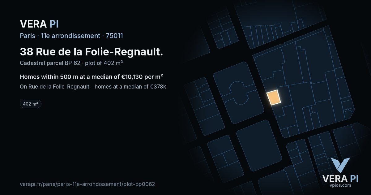 38 Rue de la Folie-Regnault, 11e arrondissement at night – the plot lit, the parcels around coloured by the prices near them