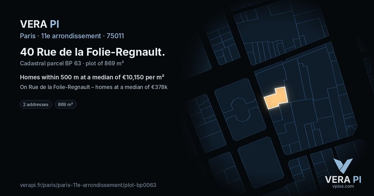 40 Rue de la Folie-Regnault, 11e arrondissement at night – the plot lit, the parcels around coloured by the prices near them
