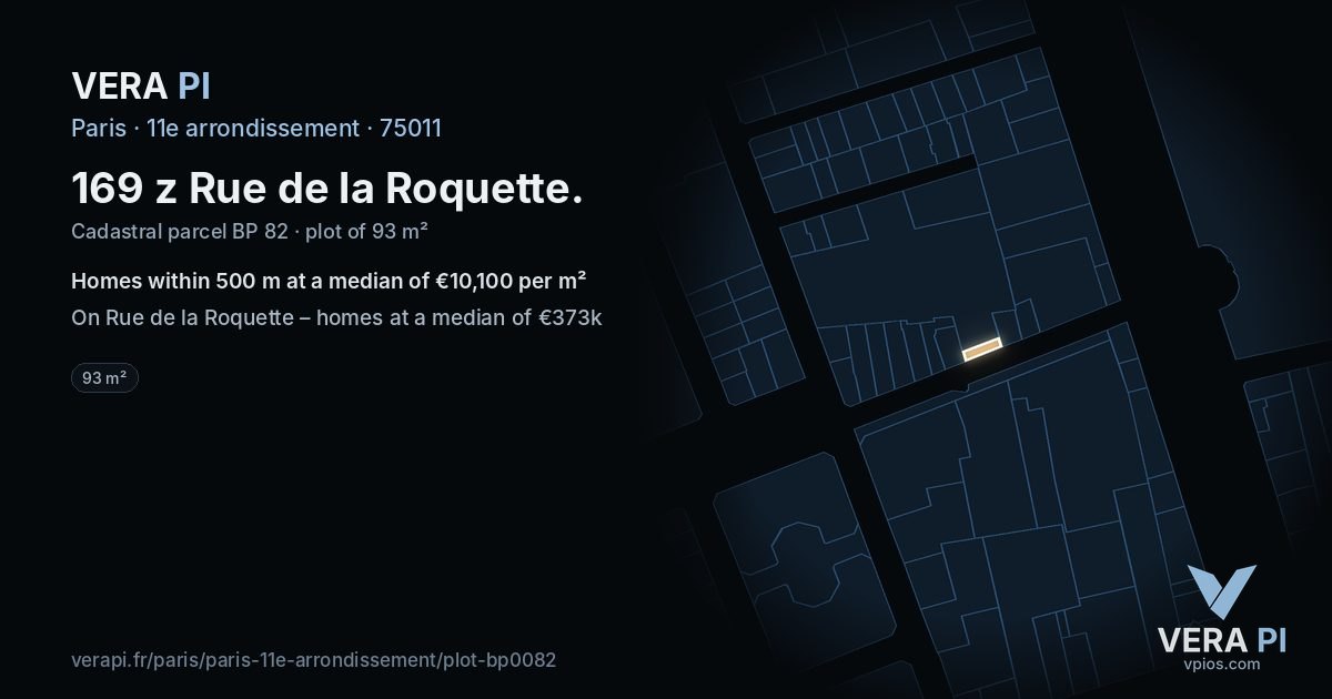 169 z Rue de la Roquette, 11e arrondissement at night – the plot lit, the parcels around coloured by the prices near them