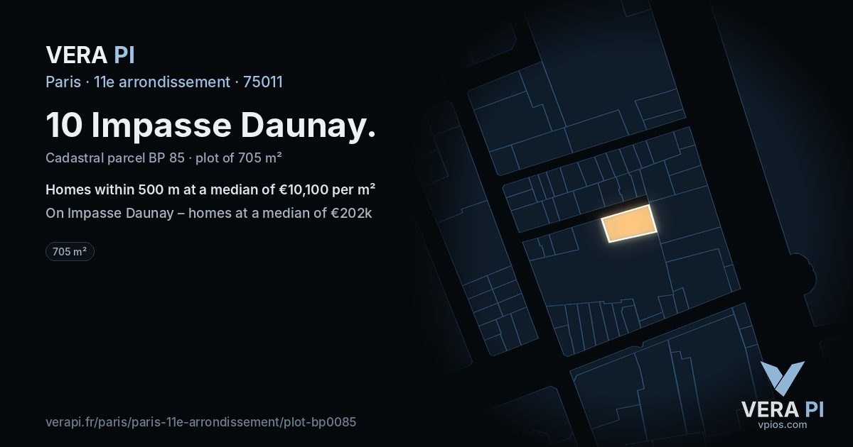 10 Impasse Daunay, 11e arrondissement at night – the plot lit, the parcels around coloured by the prices near them