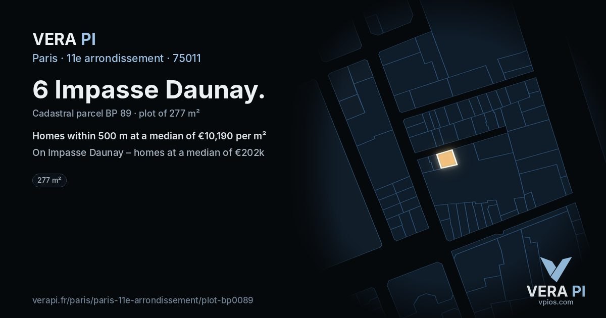 6 Impasse Daunay, 11e arrondissement at night – the plot lit, the parcels around coloured by the prices near them