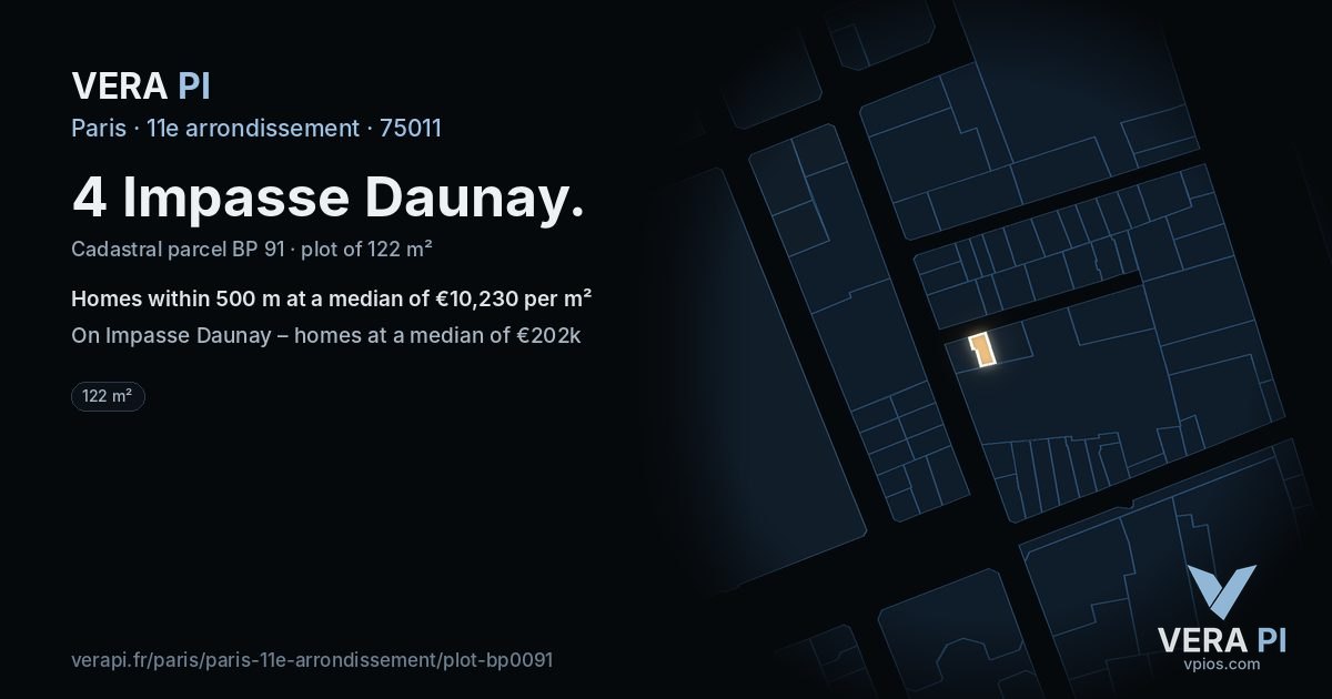 4 Impasse Daunay, 11e arrondissement at night – the plot lit, the parcels around coloured by the prices near them
