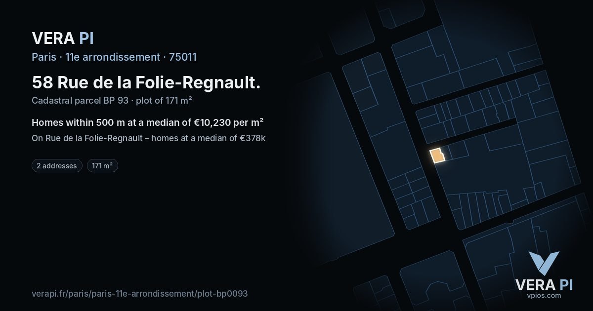 58 Rue de la Folie-Regnault, 11e arrondissement at night – the plot lit, the parcels around coloured by the prices near them