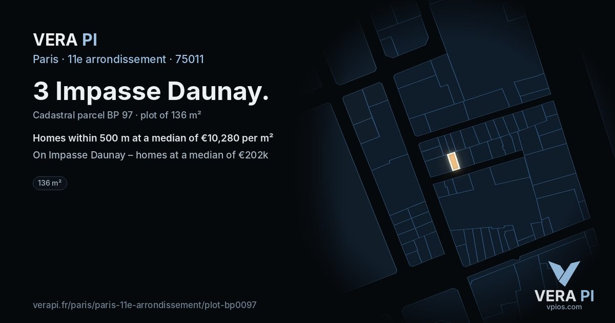3 Impasse Daunay, 11e arrondissement at night – the plot lit, the parcels around coloured by the prices near them