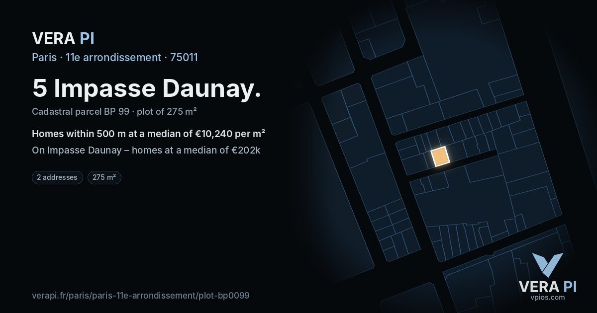 5 Impasse Daunay, 11e arrondissement at night – the plot lit, the parcels around coloured by the prices near them