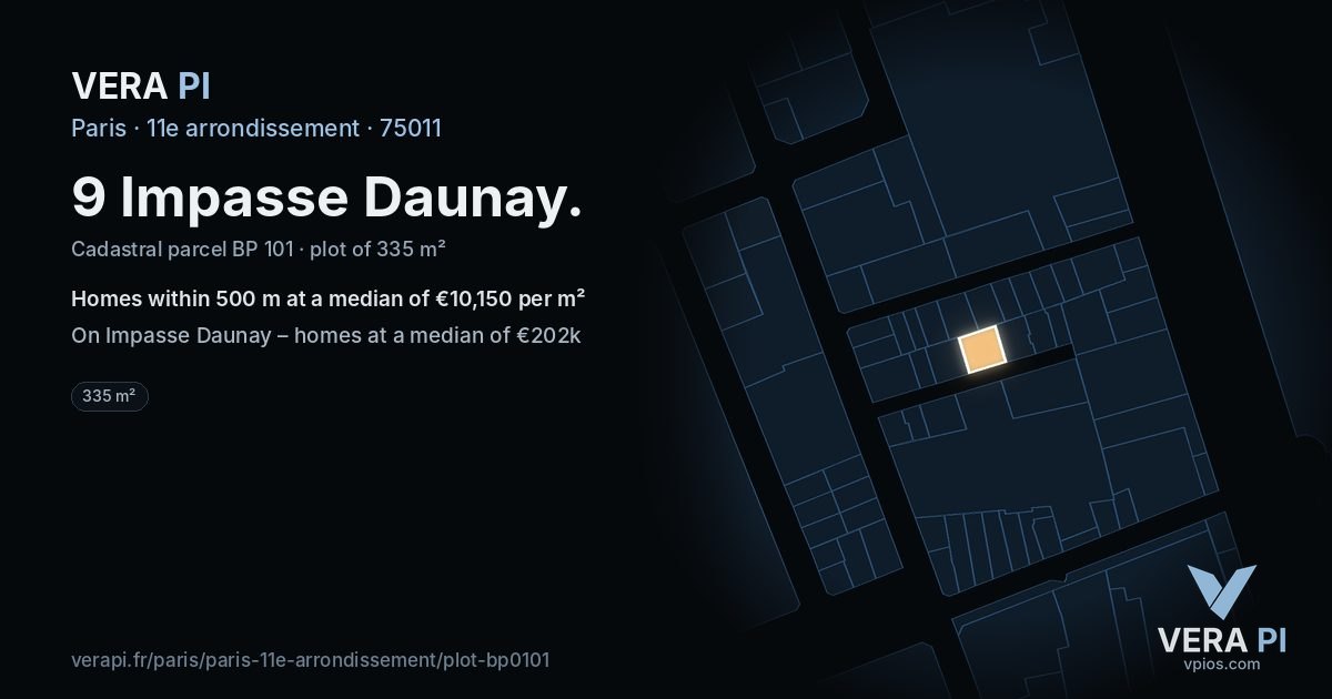 9 Impasse Daunay, 11e arrondissement at night – the plot lit, the parcels around coloured by the prices near them