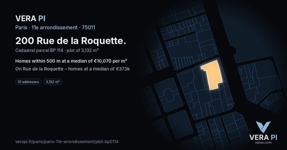 200 Rue de la Roquette, 11e arrondissement at night – the plot lit, the parcels around coloured by the prices near them