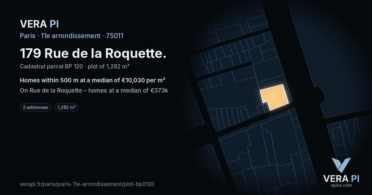 179 Rue de la Roquette, 11e arrondissement at night – the plot lit, the parcels around coloured by the prices near them
