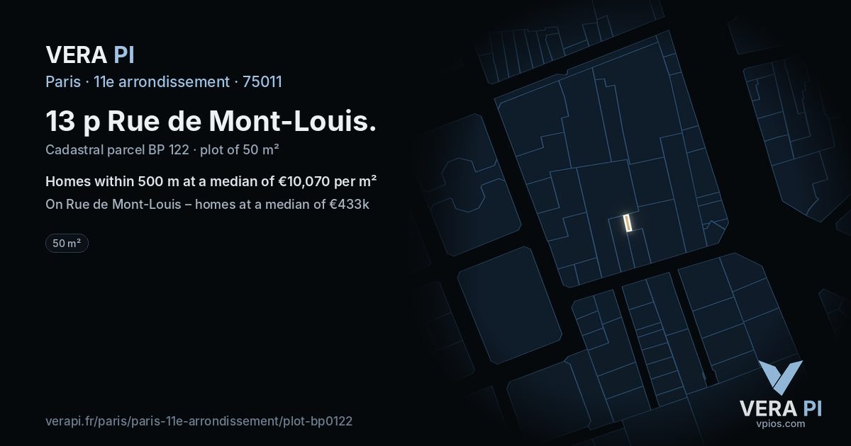 13 p Rue de Mont-Louis, 11e arrondissement at night – the plot lit, the parcels around coloured by the prices near them