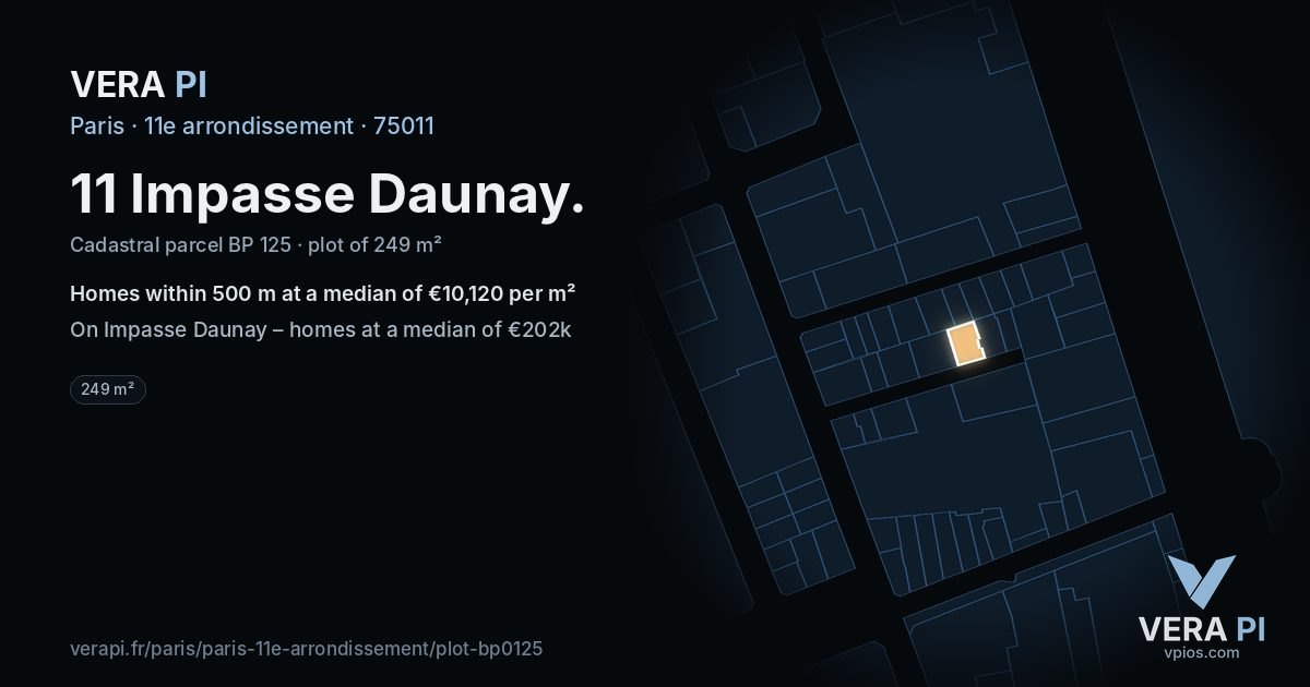 11 Impasse Daunay, 11e arrondissement at night – the plot lit, the parcels around coloured by the prices near them