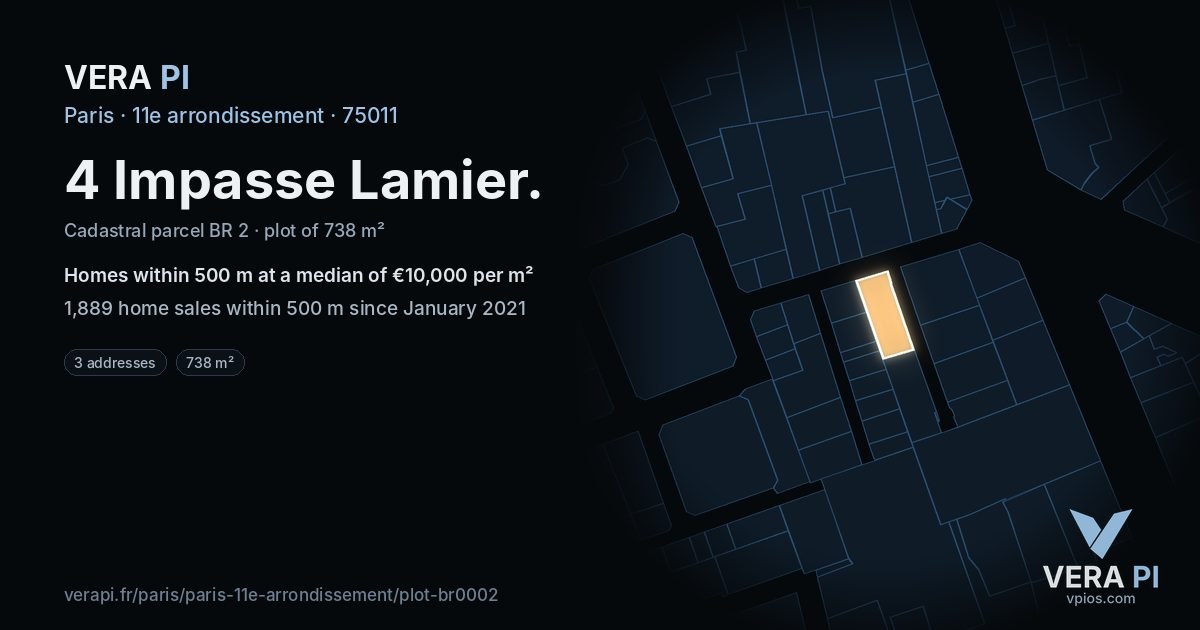 4 Impasse Lamier, 11e arrondissement at night – the plot lit, the parcels around coloured by the prices near them