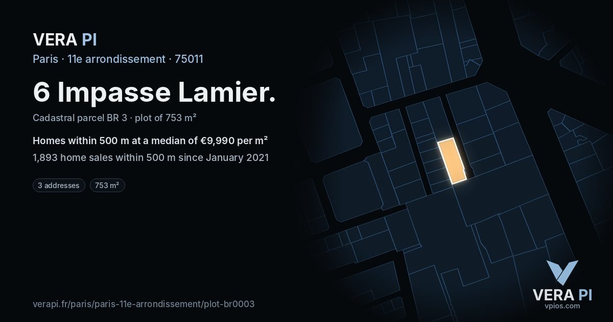 6 Impasse Lamier, 11e arrondissement at night – the plot lit, the parcels around coloured by the prices near them