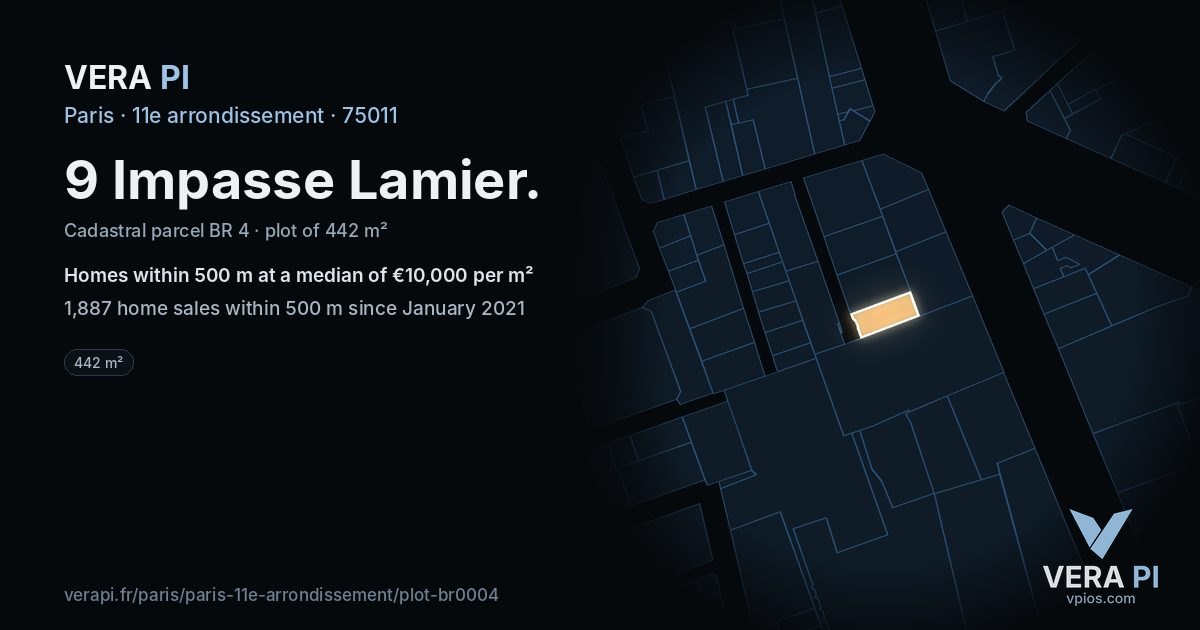 9 Impasse Lamier, 11e arrondissement at night – the plot lit, the parcels around coloured by the prices near them