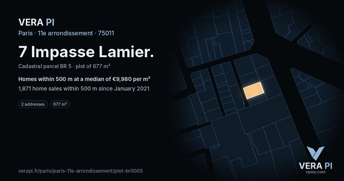 7 Impasse Lamier, 11e arrondissement at night – the plot lit, the parcels around coloured by the prices near them