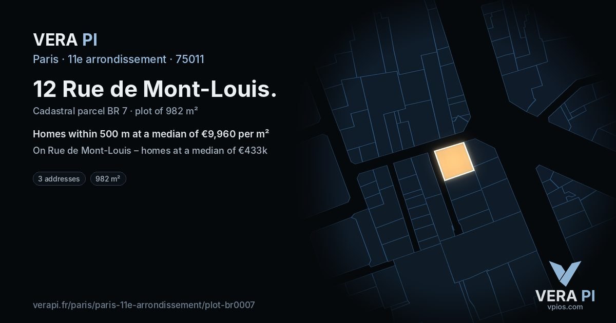 12 Rue de Mont-Louis, 11e arrondissement at night – the plot lit, the parcels around coloured by the prices near them