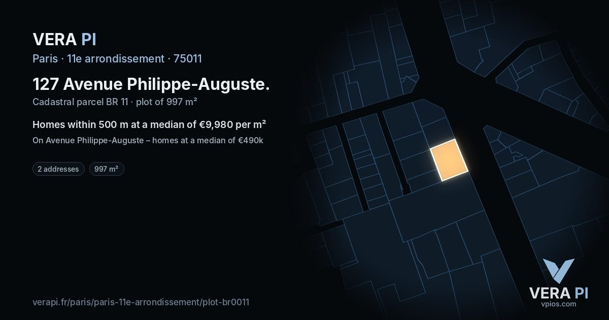 127 Avenue Philippe-Auguste, 11e arrondissement at night – the plot lit, the parcels around coloured by the prices near them