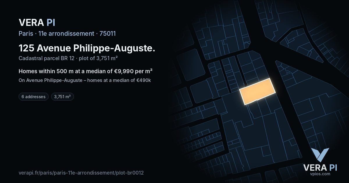 125 Avenue Philippe-Auguste, 11e arrondissement at night – the plot lit, the parcels around coloured by the prices near them