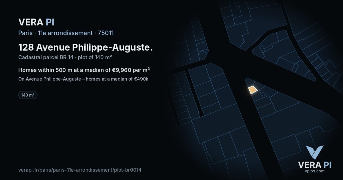 128 Avenue Philippe-Auguste, 11e arrondissement at night – the plot lit, the parcels around coloured by the prices near them
