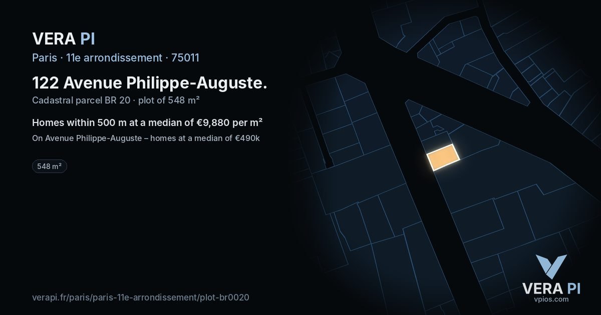 122 Avenue Philippe-Auguste, 11e arrondissement at night – the plot lit, the parcels around coloured by the prices near them