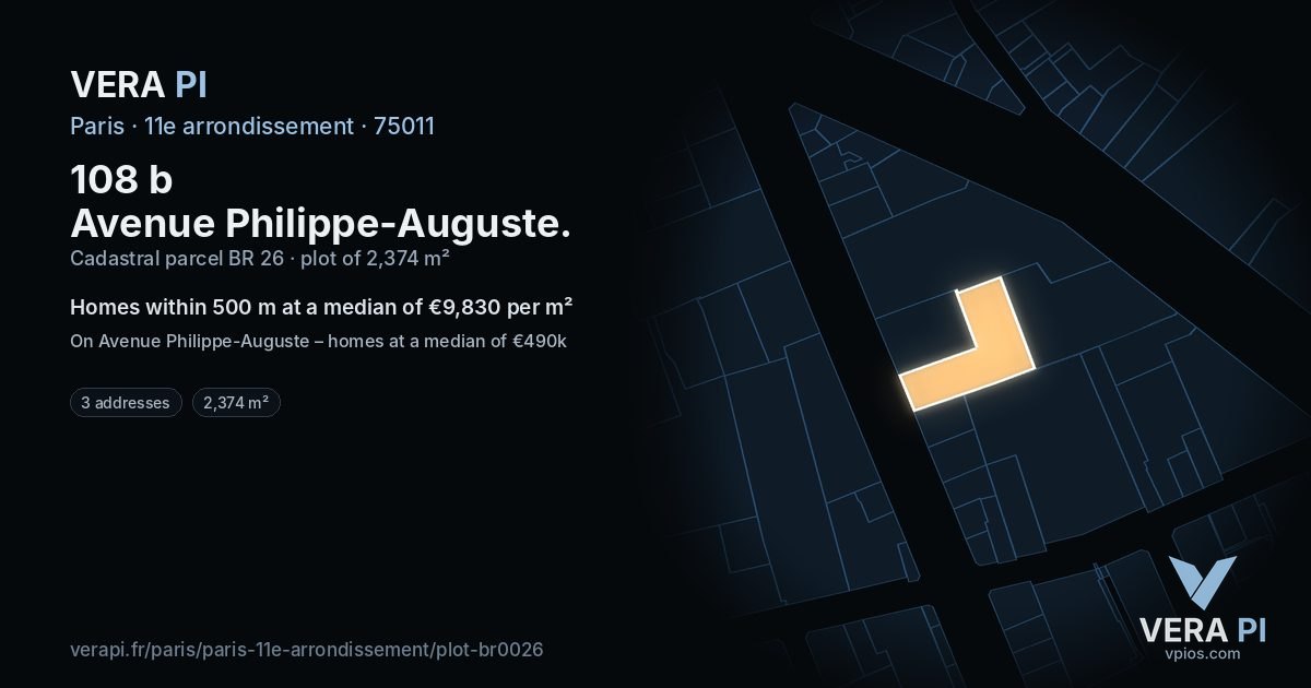 108 b Avenue Philippe-Auguste, 11e arrondissement at night – the plot lit, the parcels around coloured by the prices near them
